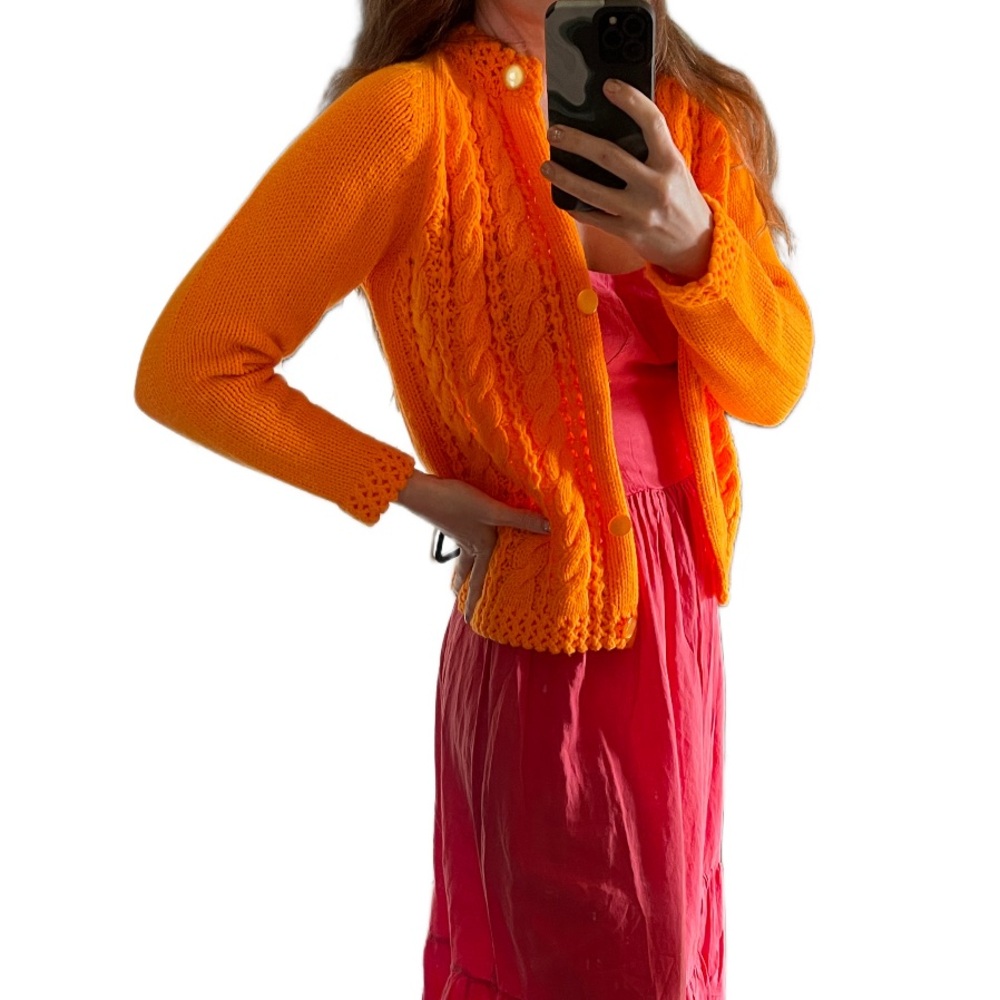 Vintage 1970s Bright Orange Cable Knit Chunky Button Down Cardigan Sweater wool